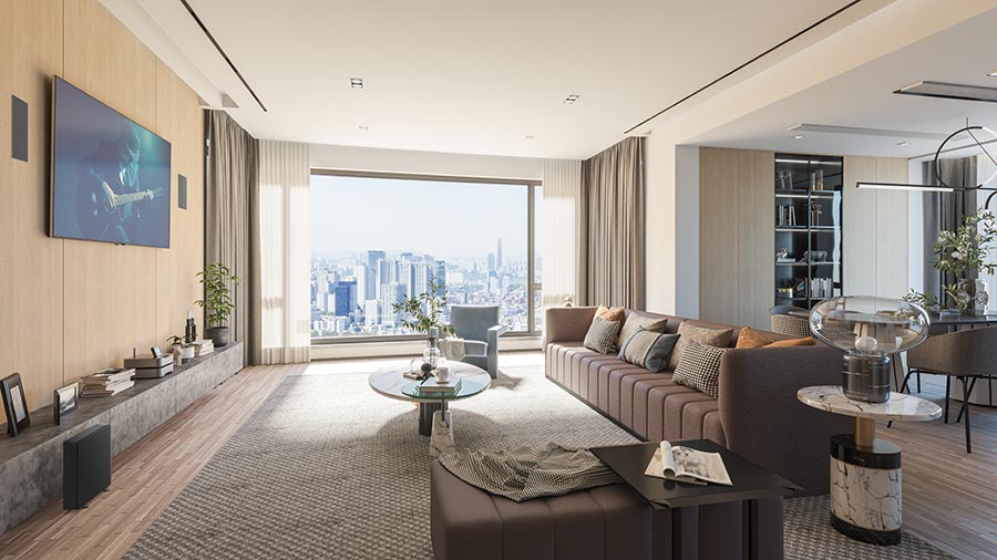Modern high-rise living room with large windows overlooking a city skyline