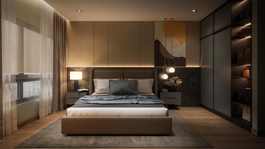 Modern luxury bedroom with a king bed, warm integrated lighting, and dark wood wardrobes