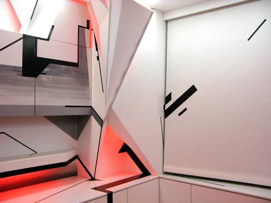 Abstract white walls with graphic black stripes and vibrant pink lighting from geometric gaps