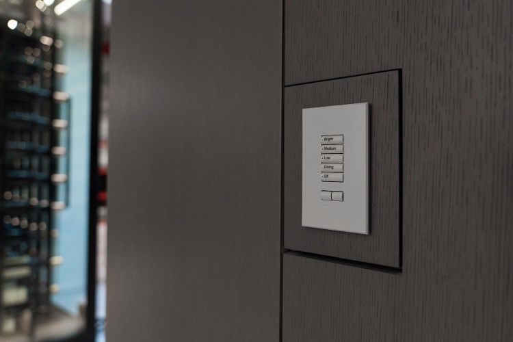 Modern minimalist multi-button light switch flush-mounted on a dark wood panel