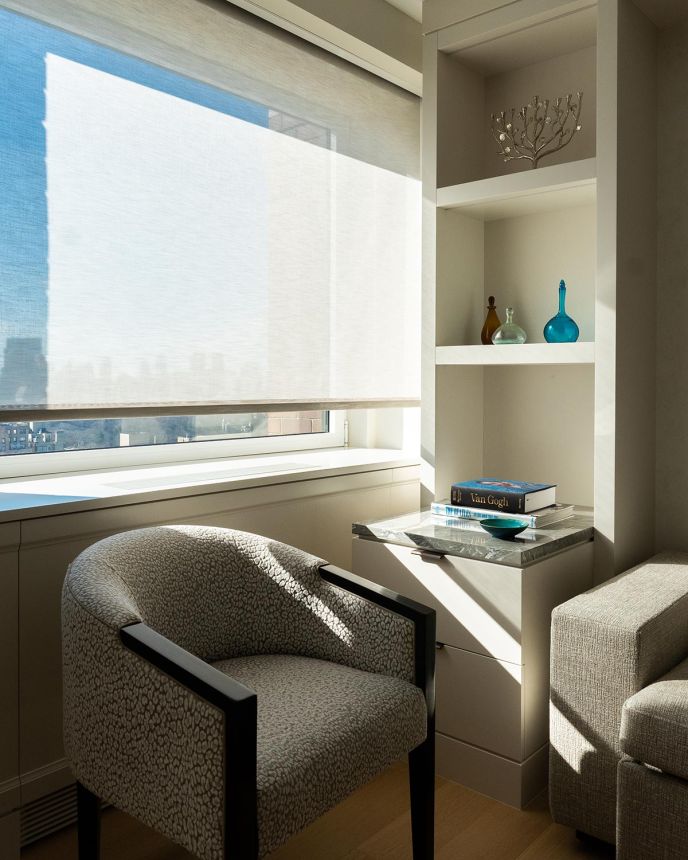 Elegant armchair by a sunny window with roller shades next to a white built-in bookshelf