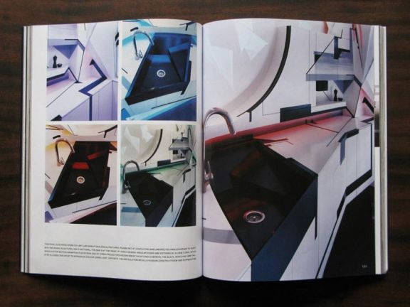 Magazine pages showing multiple views of an angular kitchen sink with changing colored light