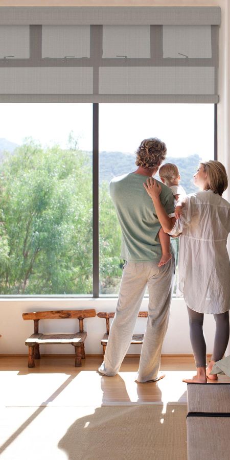 Parents holding a toddler by a large window with modern grey roller shades viewing a valley